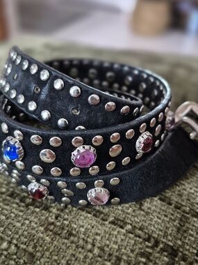Black Studded Suede Belt with Multicolor Gem Accents